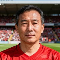一位35岁男性球迷的正面半身照，穿着红色球衣，背景是球场看台